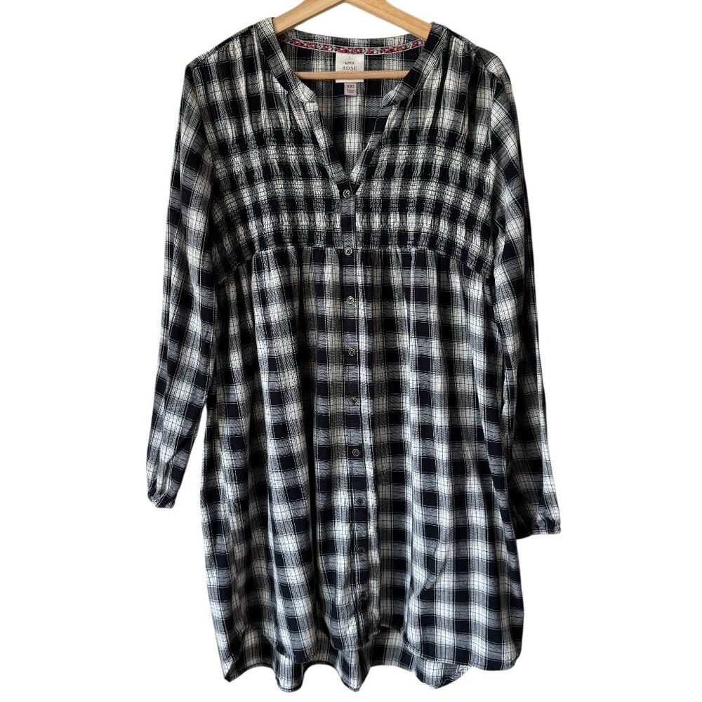 Knox Rose XXL Plaid Button Front Shirt Dress Smocked Cotton Relaxed Pockets